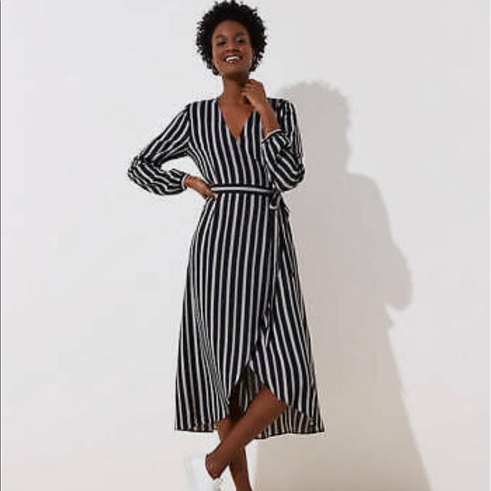 LOFT Striped Midi Black & White Wrap Dress, size S - Picture 3 of 10